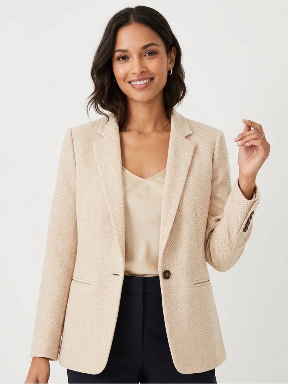 Ann Taylor Size 12 Tan and White Herringbone Fleece Blazer